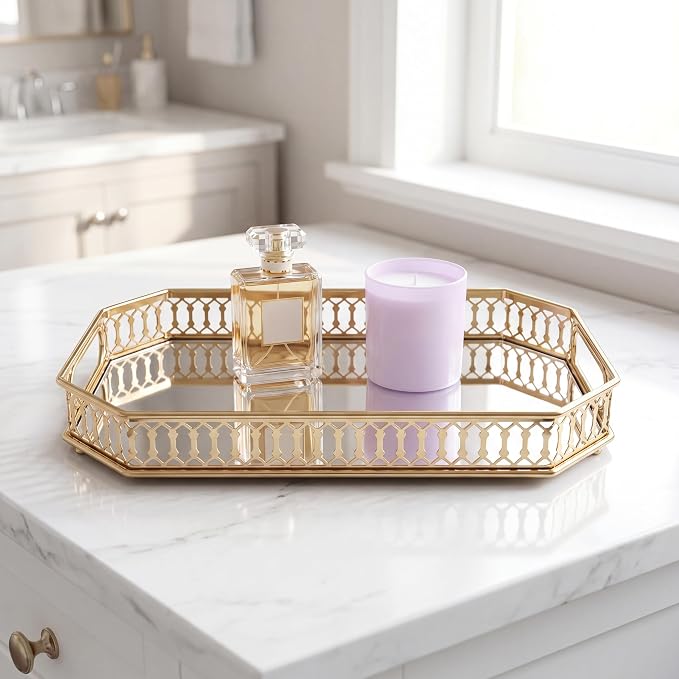 Glass and Gold Rectangular Tray Set of 2， Dinner Plate Perfume and Vanity Tray - Image 3
