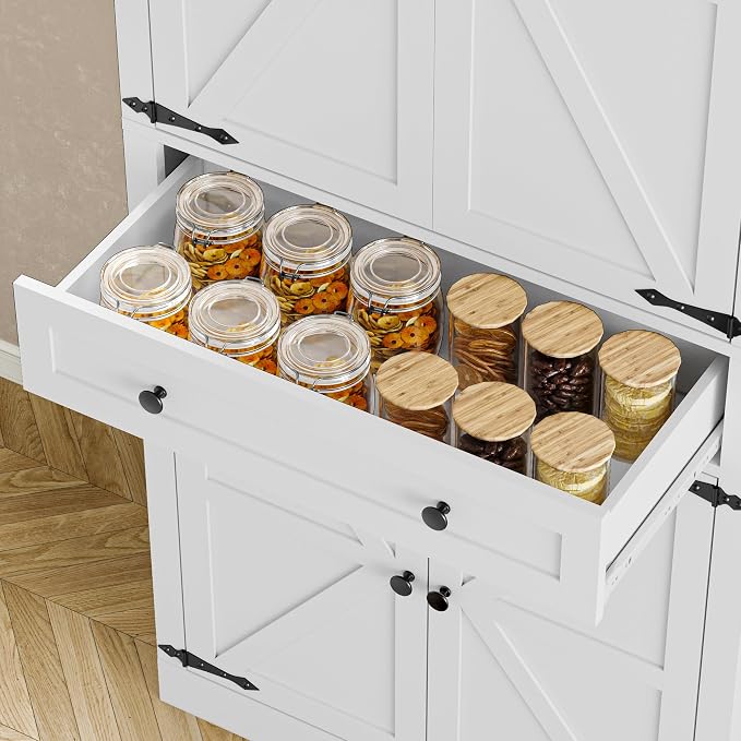 BORNOON Pantry Organizers and Storage Cabinet, 67.7” Barn Door White Kitchen - Image 7
