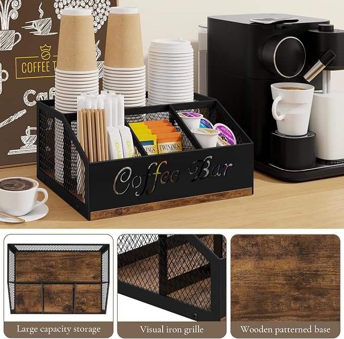 Coffee Station Organizer, Rustic Brown Wooden Countertop Coffee Bar Accessories - Image 3