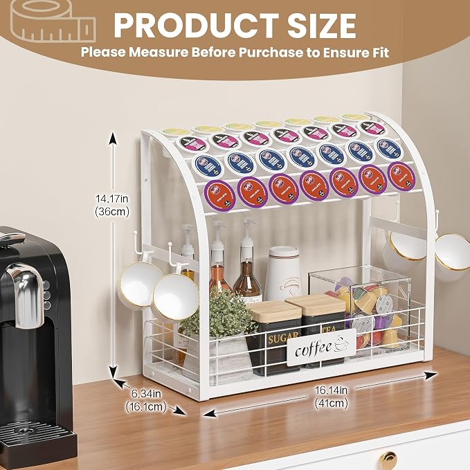 Metal K Cup Holder with Wooden Tray, 2-Tier Coffee Bar Organizer with Mug Hooks - Image 3