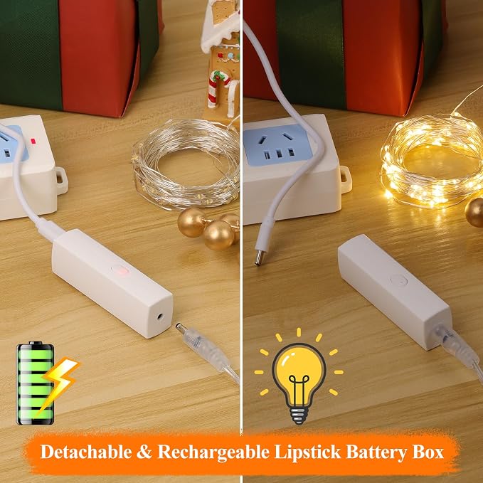 Lakumu 64FT Warm White Rechargeable Fairy Lights, 8 Modes Waterproof Battery - Image 3