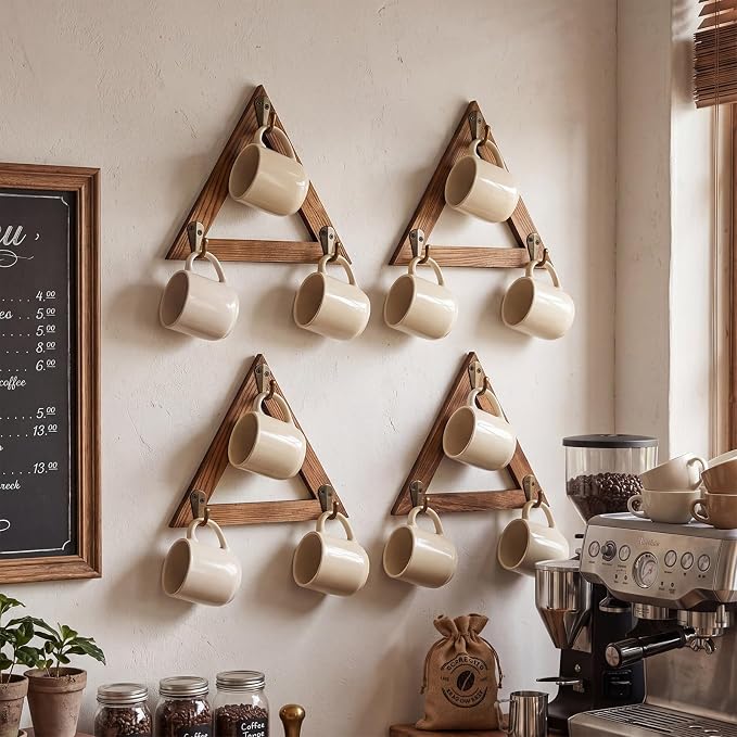 Novabright 4 Pcs Triangular Coffee Mug Wall Rack Wood Cup Holder - Image 5