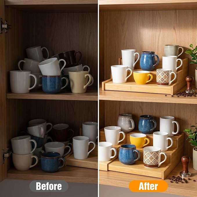3-Tier Expandable Bamboo Mug Holder Shelf Rack - Image 3