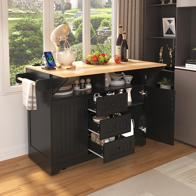 Large Kitchen Island Cart with 2 Drop Leaf, Mobile Dining Table with Storage by Runglecho