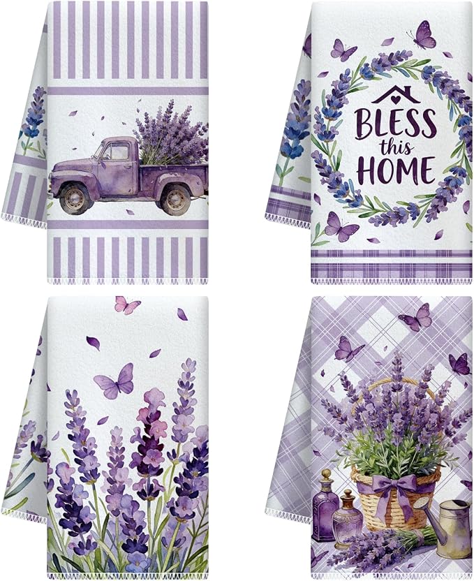 CUTHOLLOW Purple Lavender Decorative Kitchen Towels Set of 4, 25.98"x17.72" by CUTHOLLOW