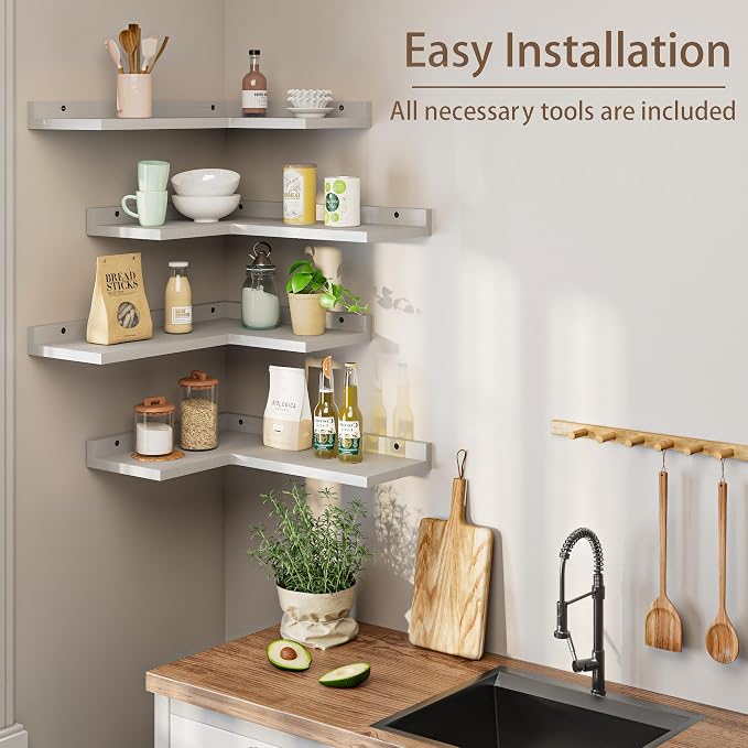 4 Tier Floating Corner Shelves Grey Set of 4, Rustic Pine Wooden Floating - Image 5