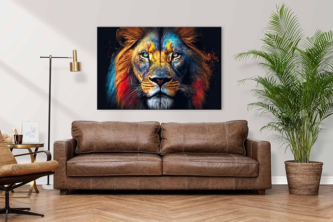 Framed Colorful Lion Wall Art Wildlife Animals Pictures Living Room Wall Decor - Image 2