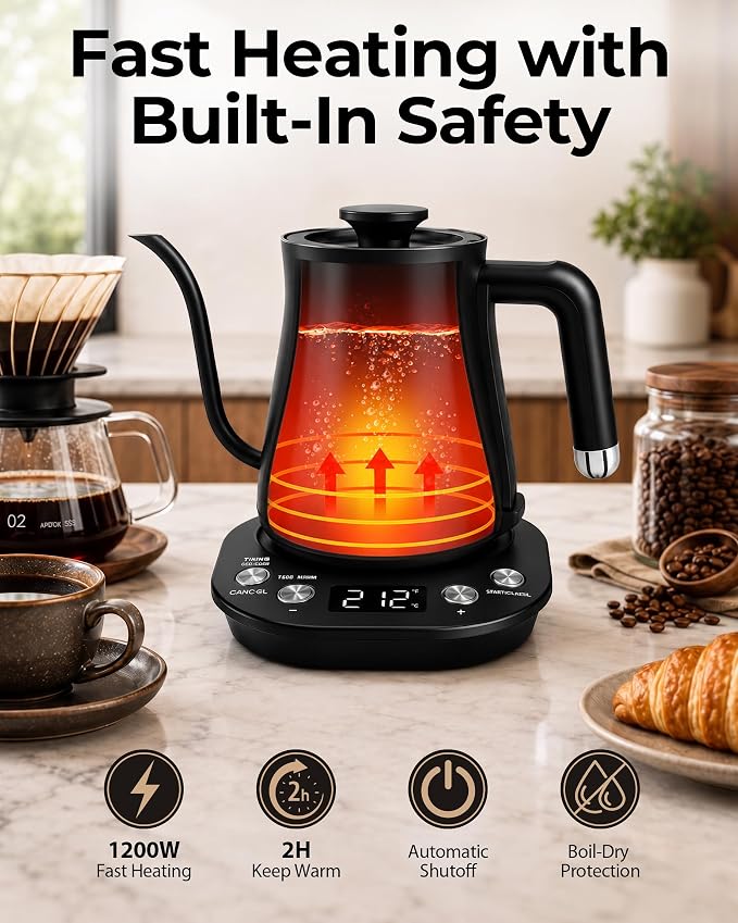Gooseneck Electric Kettle with ±1℉ Temperature Control, 304 Stainless Steel - Image 3