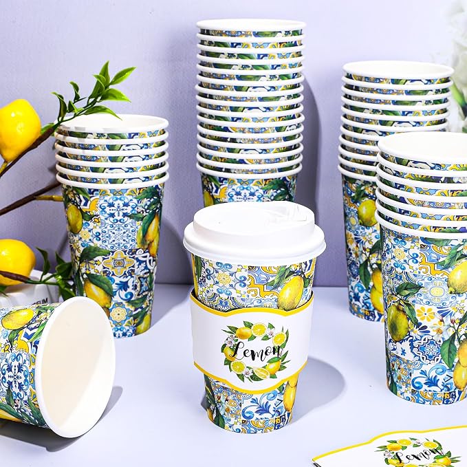 Whaline 50 Set Summer Lemon Disposable Coffee Cups - Image 3