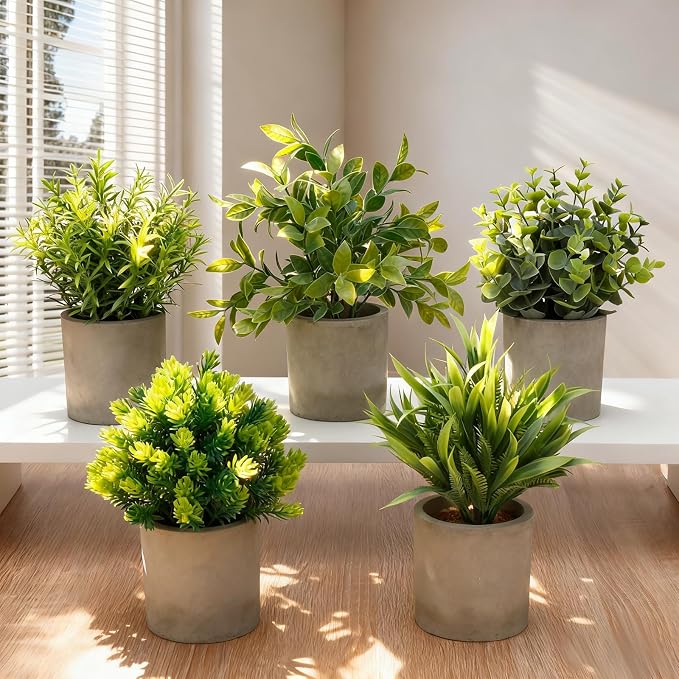 AUUGUU Artificial Potted Plants Set of 5, Realistic Faux Greenery in Cement Pots - Image 8