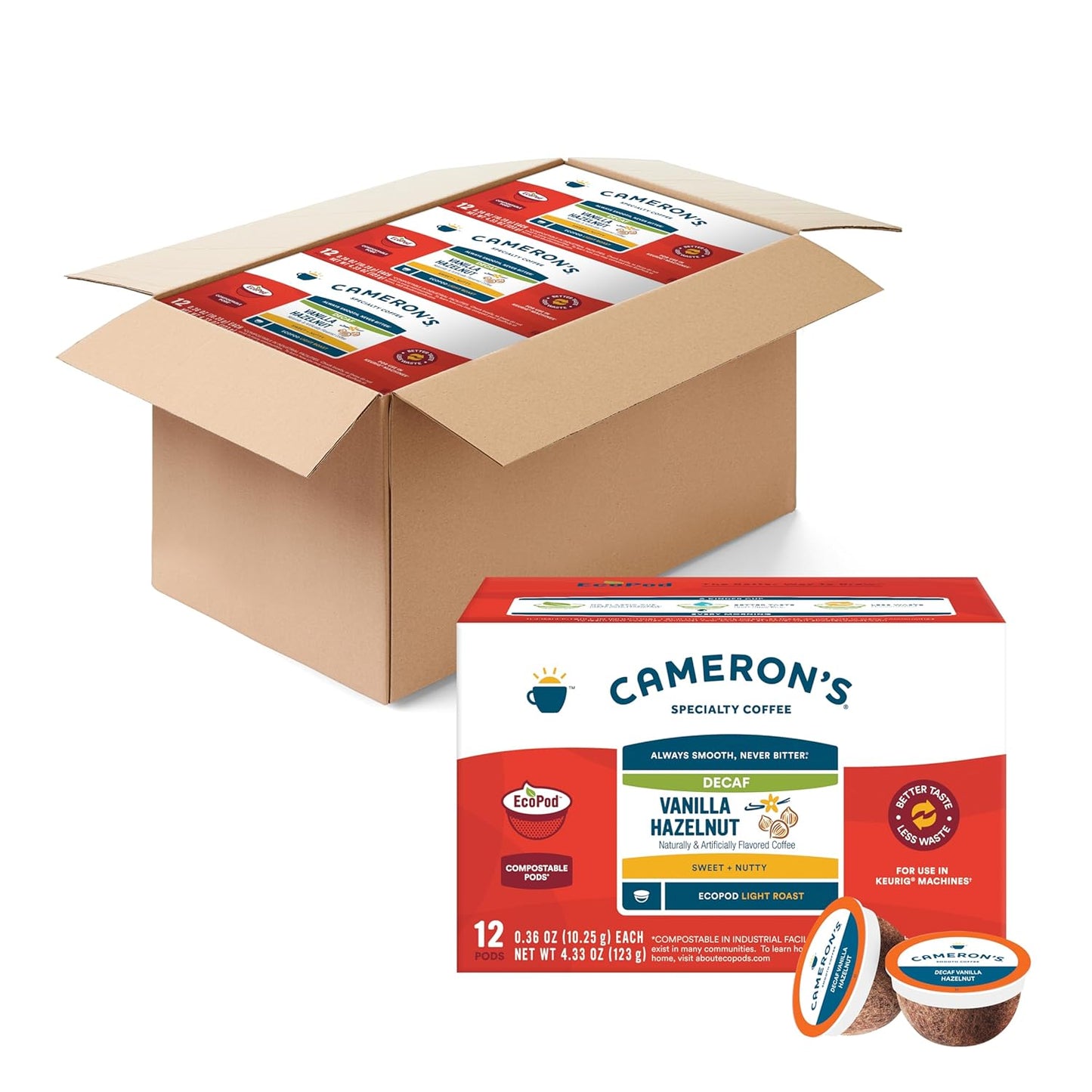 Cameron's Coffee Single Serve Pods, Flavored, Decaf Vanilla Hazelnut, 12 Count (Pack of 6)