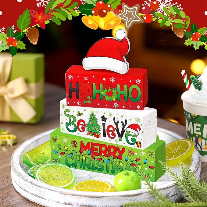 Moucuny 4 Pcs Christmas Table Decor Wooden Hohoho Decoration Red White Green - Image 5