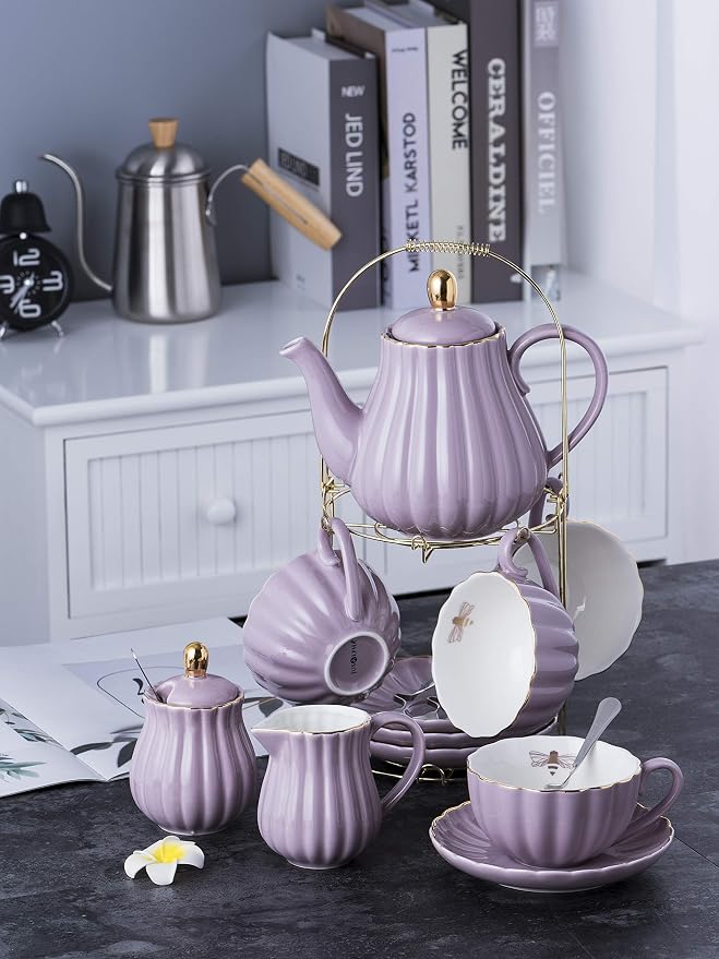 Jusalpha Fine China 8 OZ Purple Coffee Cup/Teacup, Teapot and Creamer Set - Image 6