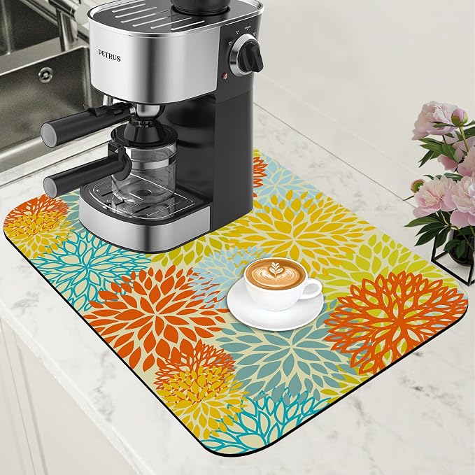 Orange and Blue Chrysanthemum Flower Coffee Mat Absorbent Dish Drying Mat Hide by Unknown