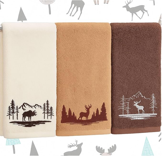 Gilprop 3 Pcs Rustic Cabin Hand Towels Woodland Forest Deer Embroidered by Gilprop