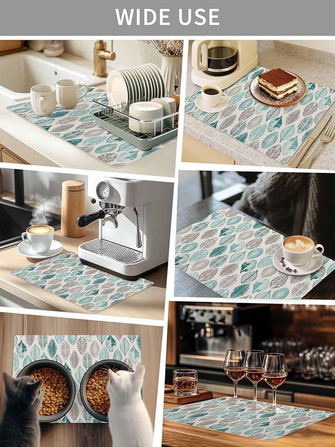 Leaves Specimens Coffee Mat Teal Green Grey Burlap Background Absorbent Bar Mat - Image 8