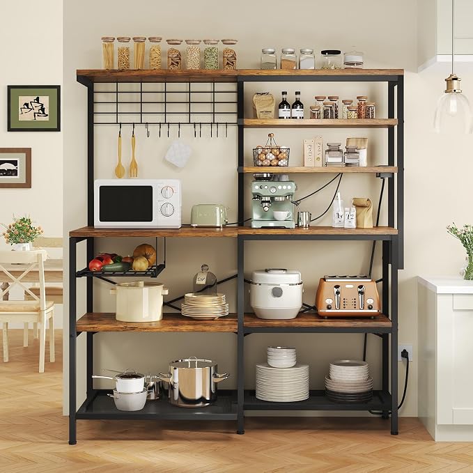 L-Shaped Bakers Rack with Power Outlet, 6-Tier Microwave Stand with Open Storage - Image 7