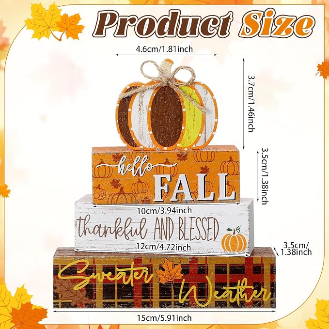 Geelin 4 Pcs Thanksgiving Decorations Fall Wooden Sign Pumpkin Tiered Tray - Image 4
