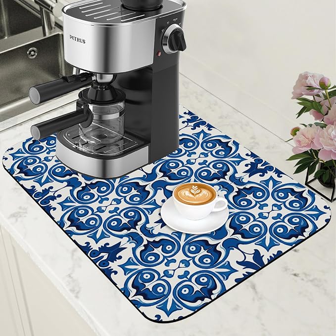 Dish Drying Mat Blue Portuguese Tiles Coffee Bar Mat by Unknown