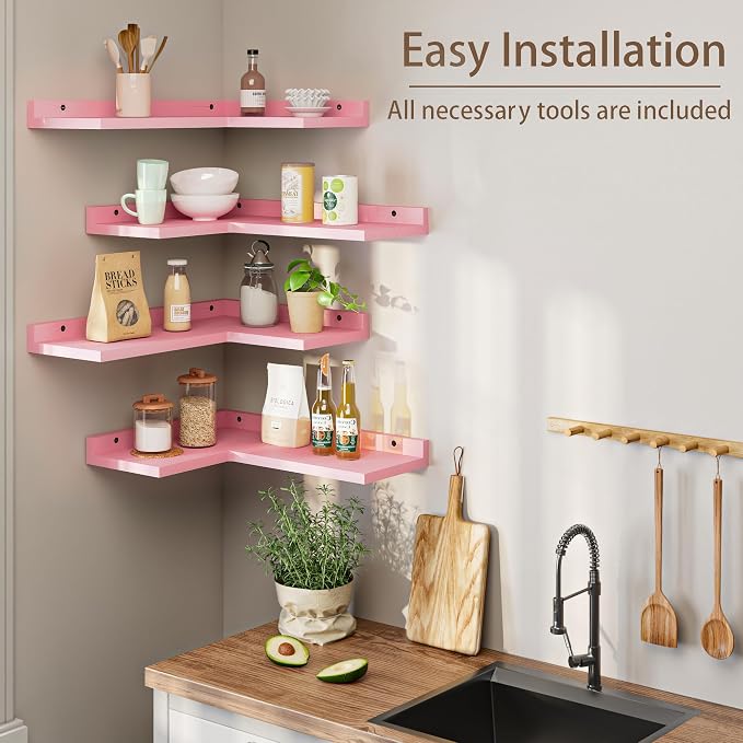 4 Tier Floating Corner Shelves Pink Set of 4, Rustic Pine Wooden Floating - Image 3