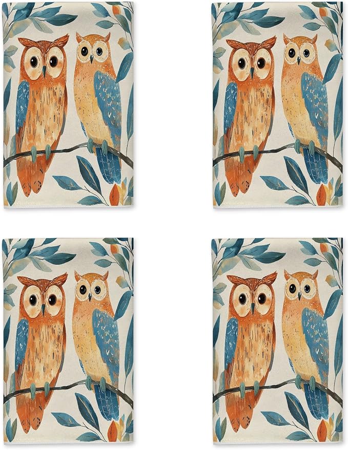 Owls Kitchen Towels Set of 4, Nature Fanciful Leaves Branches Fall Brown by Unknown