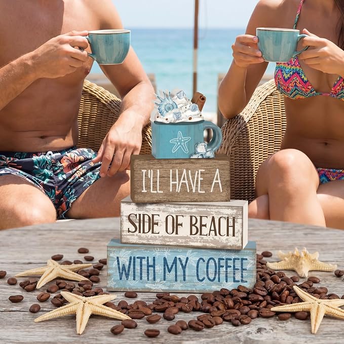 Lineshading 4 Pcs Summer Table Decorations Beach Coffee Bar Wooden Block Sign - Image 5