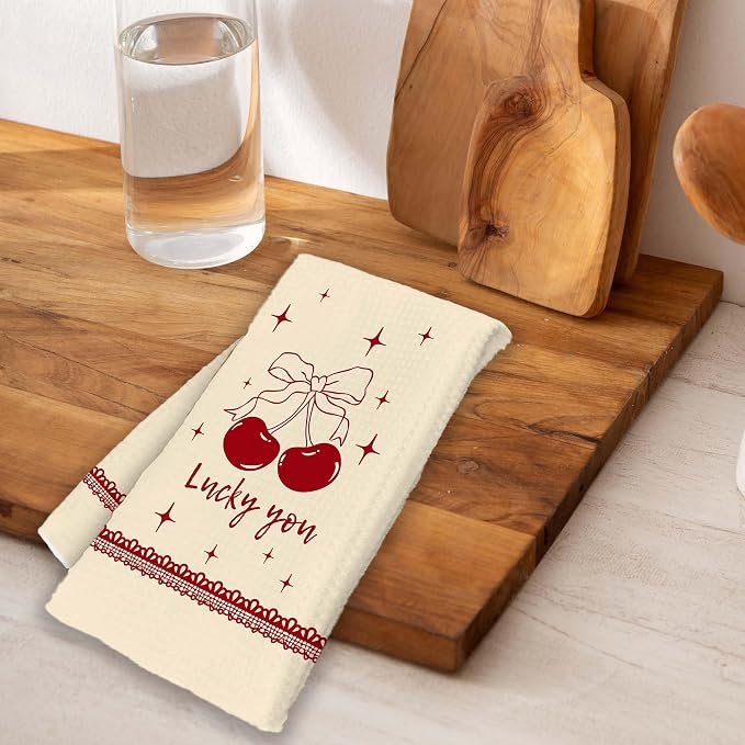 Funny Kitchen Dish Towel Set of 2, Cute Waffle Weave Dish Cloth, Lucky You - Image 4