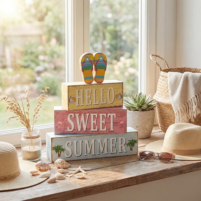 Geelin 4 Pcs Summer Flip Flop Wooden Table Decorations Hello Summer Centerpiece - Image 2