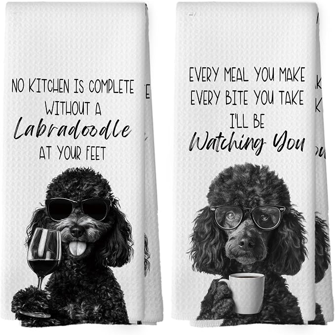 Funny Black Labradoodle Kitchen Towels Set of 2, Dog Kitchen Accessories by Mcehtle