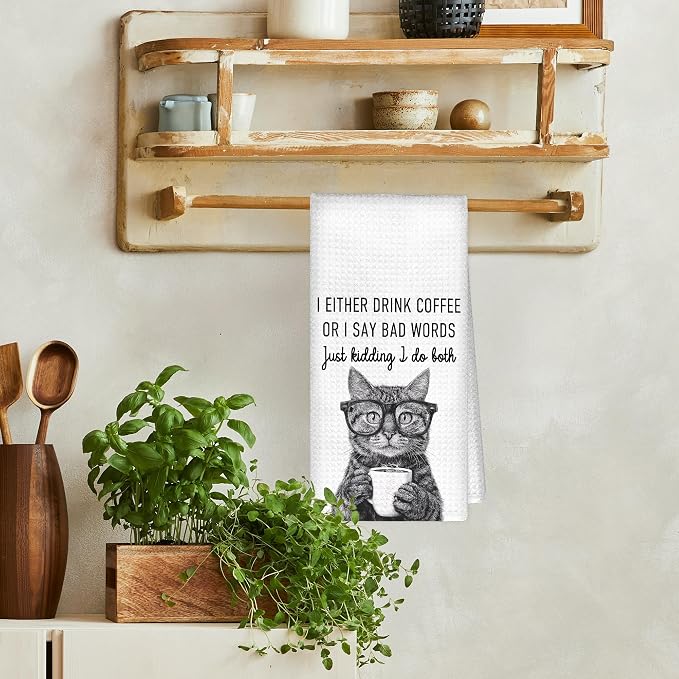 Funny Cat Kitchen Towels Decorative, I Either Drink Coffee or I Say Bad Words - Image 2
