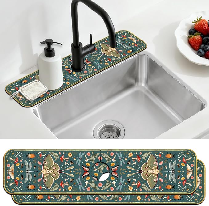 2 Pcs Kitchen Sink Splash Guard Faucet Mat Vintage Green Insects and Plants by CONCHLERY%E6%97%97%E8%88%B0%E5%BA%97