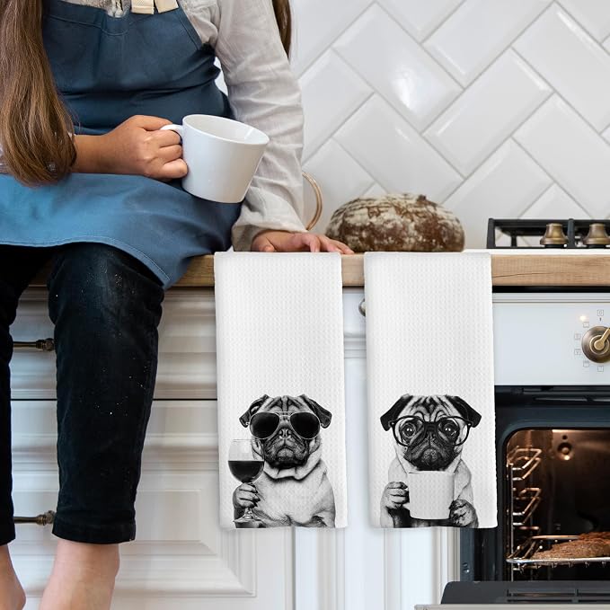 Funny Pug Kitchen Towels Set of 2, Funny Dog Kitchen Accessories, Coffee - Image 3