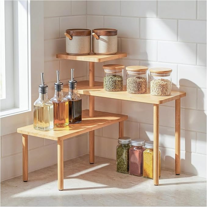 HOMESTEAD 3-Tier Bamboo Corner Shelf Organizer, 90° or 180° Layout Countertop by Homestead