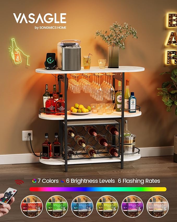 VASAGLE Bar Cabinet with LED Lights and Power Outlets, Freestanding Coffee Bar - Image 4