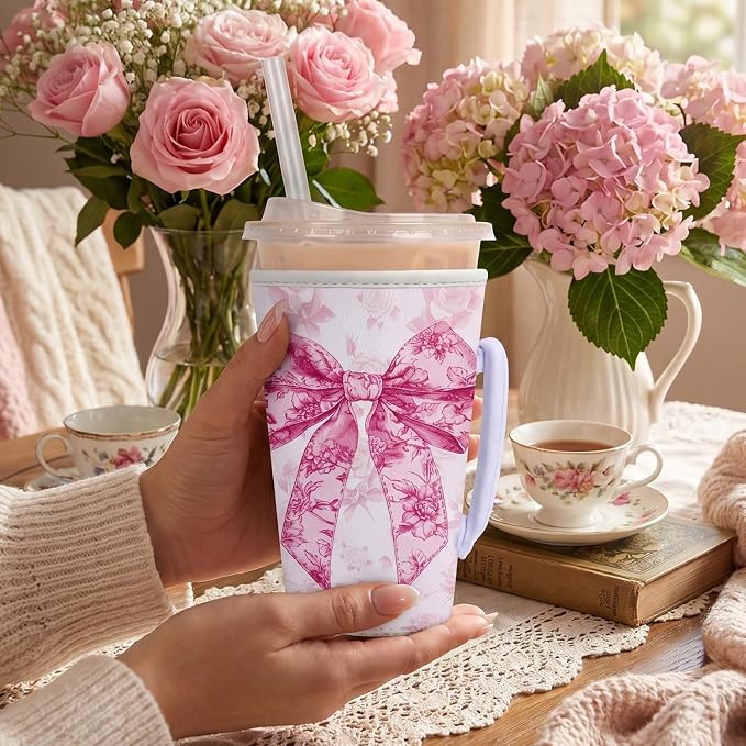 Pink Bow Reusable Insulated Iced Coffee Cup Sleeve, Bow Floral Insulated Cup - Image 4