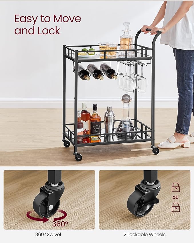 VASAGLE Bar Cart Black, Home Bar Serving Cart, Wine Cart - Image 6