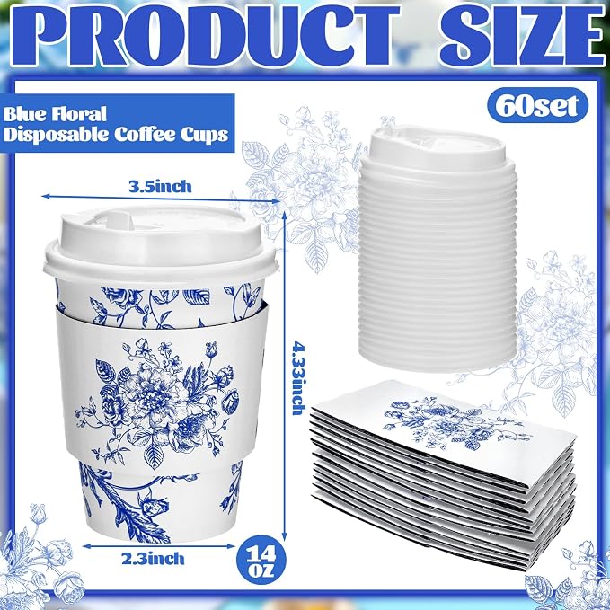 Vesici 60pcs 14oz Blue and White Disposable Coffee Cups - Image 2