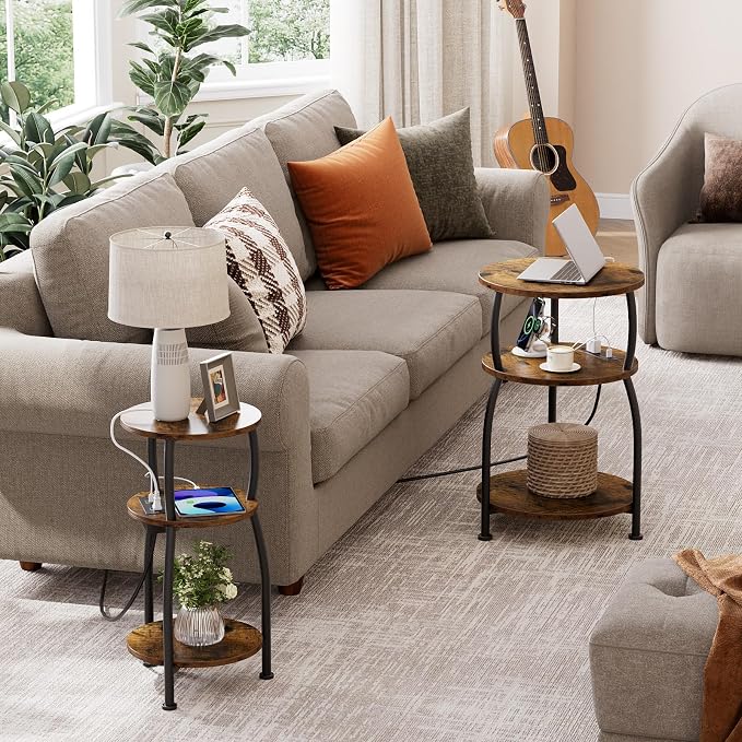 Round Side Table with Power Outlet & USB Ports, 3-Tier End Table with Storage - Image 7
