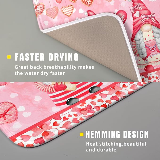 Pink Gnomes Dish Drying Mat 16x18 Inch, Valentine's Day Love Hearts Absorbent - Image 3