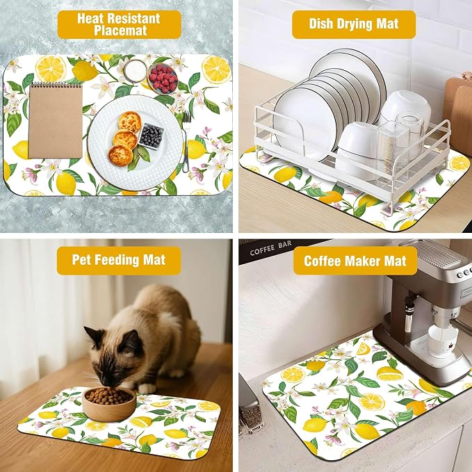 Lemon Floral Coffee Drying Mat 12" x 19", Non-Slip Absorbent Quick-Dry Mat - Image 4