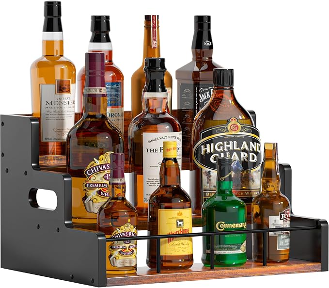 Liquor Bottle Display Shelf, Wood Syrup Organizer Rack, 3 Step Countertop by Yelinkws
