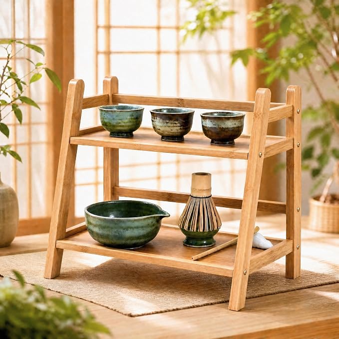 2-Tier Bamboo Matcha Station Organizer, Trapezoidal Shelf by GLDFI