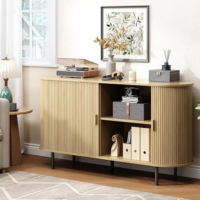 Buffet Cabinet with Storage, Fluted Sideboard Buffet with Sliding Door - Image 7