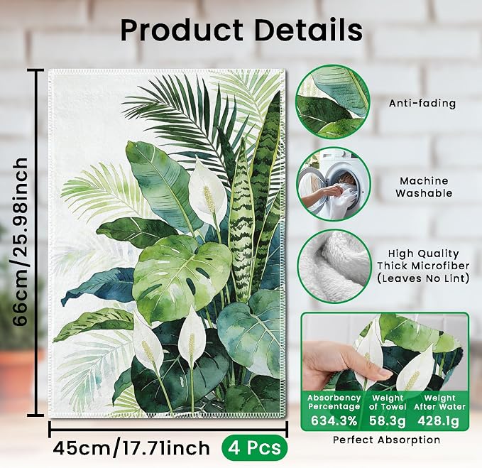 CUTHOLLOW Tropical Plants Decorative Kitchen Towels Set of 4, 25.98"x17.72" - Image 2