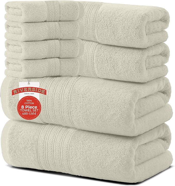 RIVERSIDE Pack of 8 Towels Set, 2 Large Bath, 2 Hand, 4 Face Washcloths by RIVERSIDE