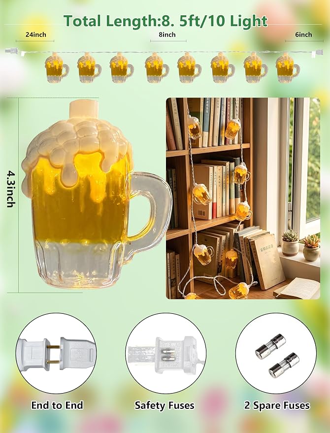 Outdoor Beer Mug String Lights Plug in, 8.5Ft 10 LED Tropical Beach Theme Beer - Image 2