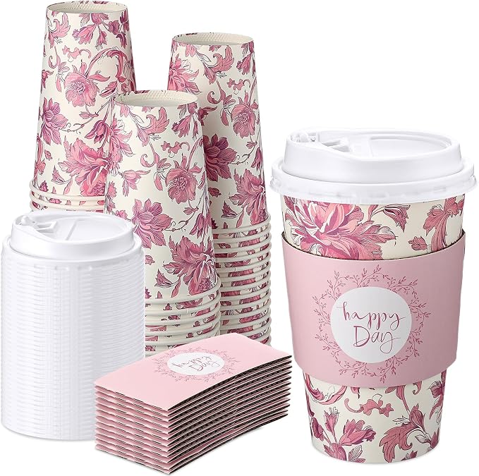 Lallisa 50 Pack 16oz Pink Floral Disposable Coffee Cups by Lallisa