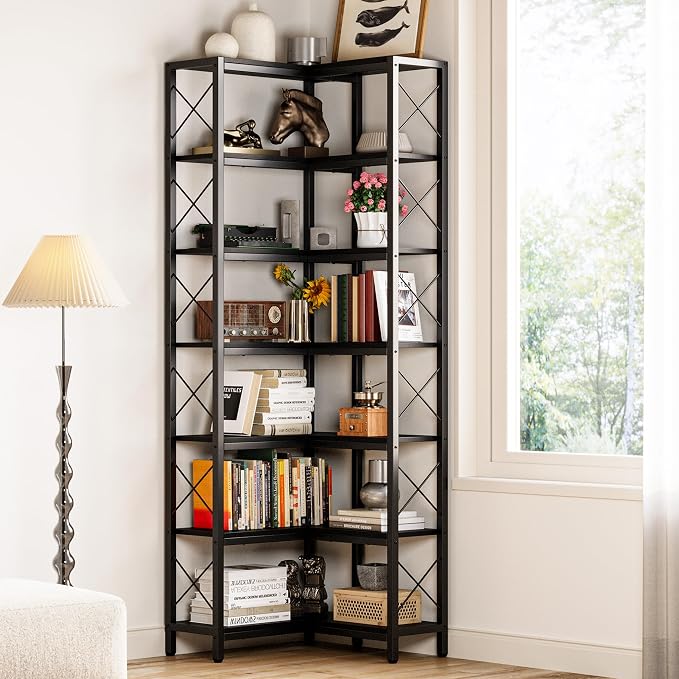 IRONCK Corner Bookshelf, 7-Tier Industrial Corner Bookcase, Tall Corner Shelf - Image 7
