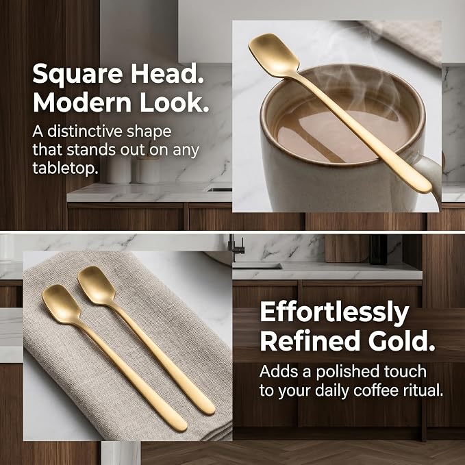 Gold Coffee Spoons Set of 4, 6.69-Inch Long Handle Square Espresso Spoons | - Image 5