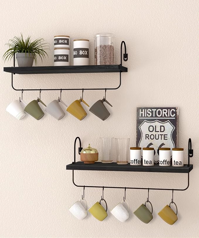 Wall Mount Floating Shelves, Wooden Coffee Bar Hanging Storage Shelf Rustic Cup by Petrala
